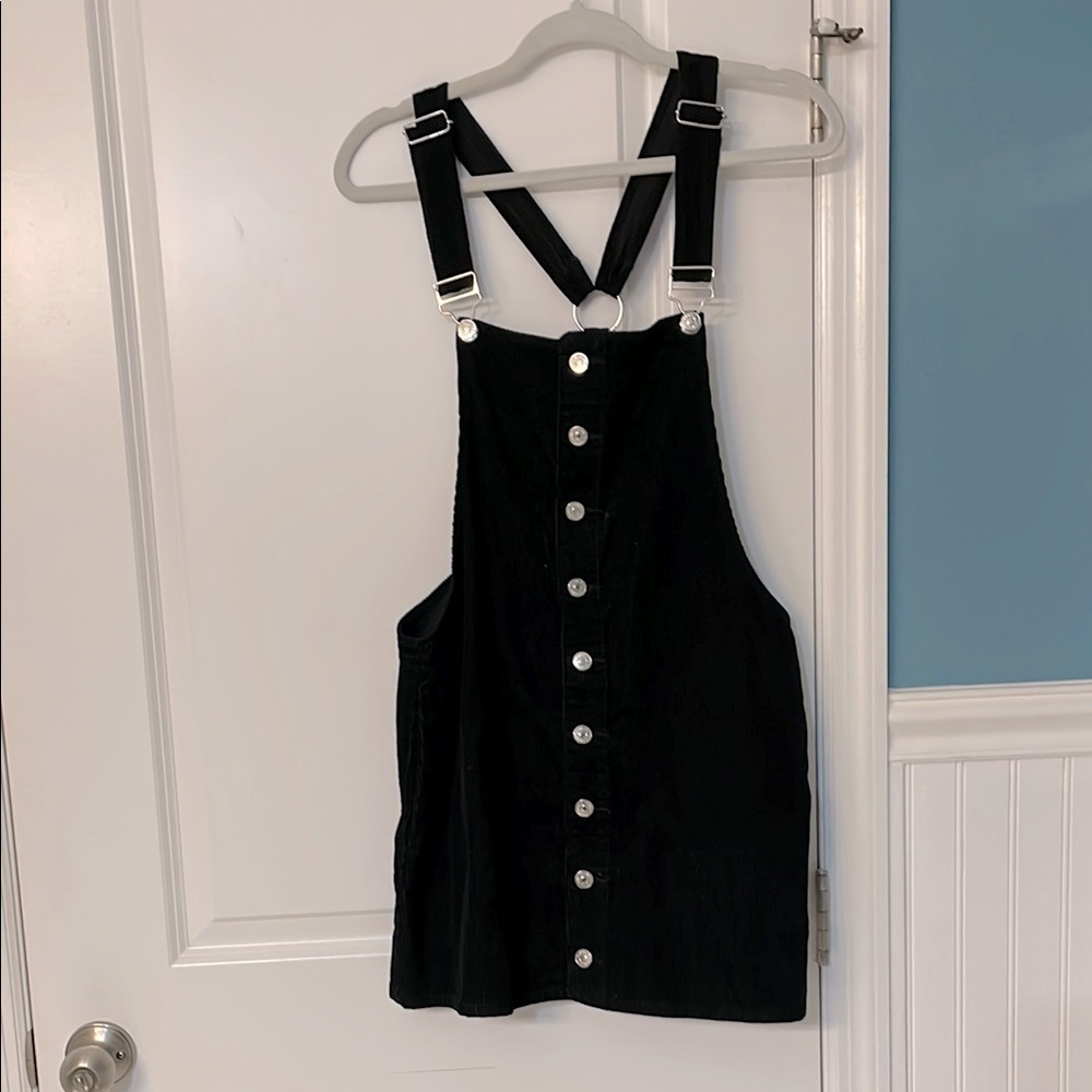 Forever 21 Black Corduroy Button-Up Overalls Mini Dress, size L